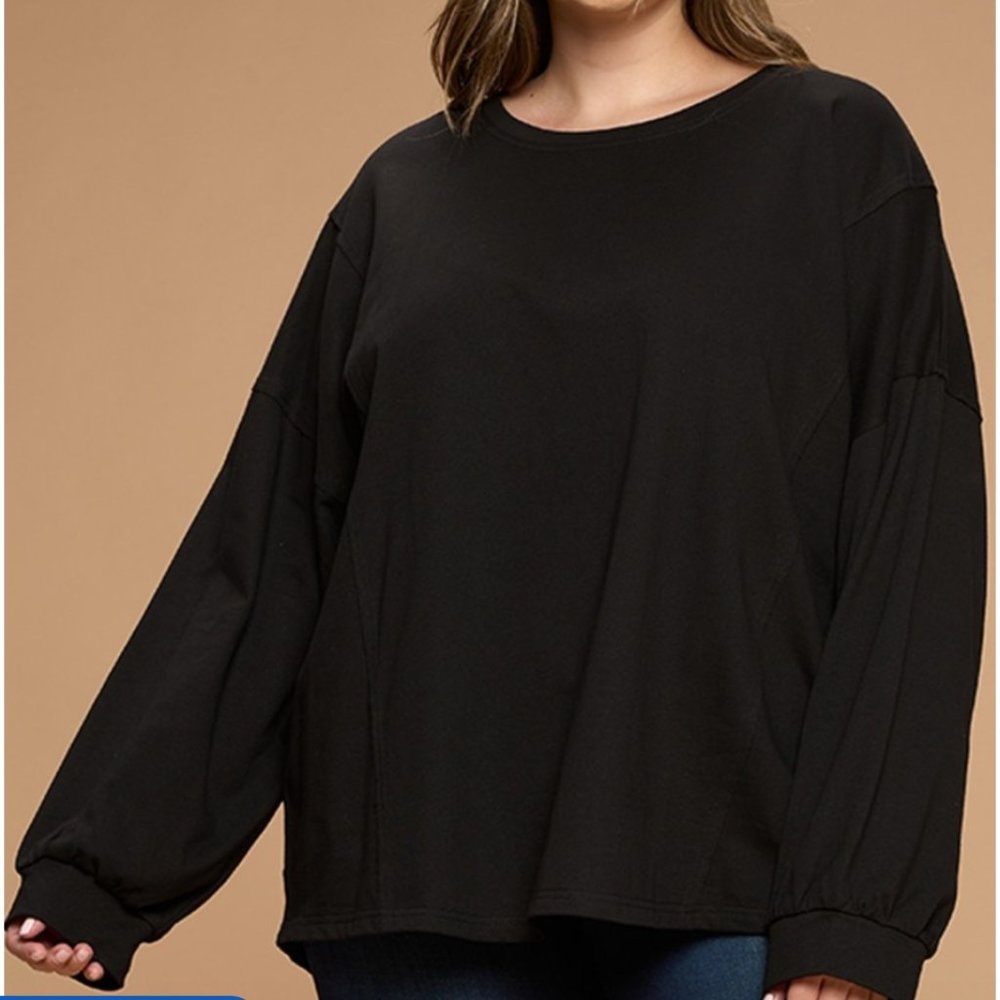 047. Plus Size Women's Washed Cotton Slub Casual Pullover LS Top